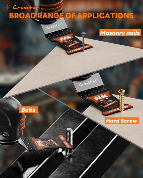 Tough As Nails Oscillating Multi Tool Blades Seven Piece Kit with Carbide blades for cutting masonry nails, bolts, and hard screws.