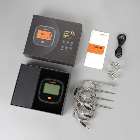 WiFi Meat Thermometer For Smoker And Oven With Four Probes, Digital Grill Thermometer package open showing probes, cables