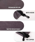 On The Go Dopp Kit Toiletry Bag For Men Water Repellent Nylon Travel Pouch showing premium nylon, water resistance, YKK zipper, and hook.