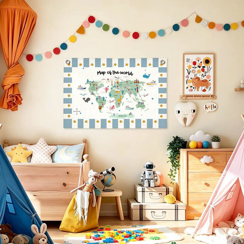 World Map Classroom Banner For Geography Learning 20x30 Inch Wall Hanging Sign in colorful preschool setting