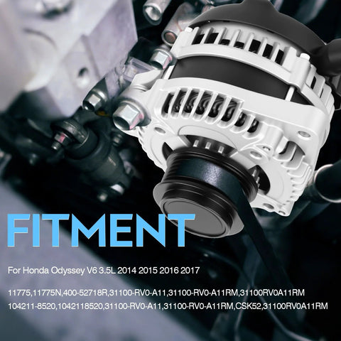 Beefed Up 130 Amp High Output Alternator Replacement For Odyssey V6 3 5L 2014 2015 2016 2017 Drop In Fit Replaces 11775 11775N 40052718R 31100RV0A11RM 1042118520 installed in engine bay