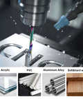 Close-up of O-flute up-cut router bit with rainbow DLC-coated carbide cutting aluminum on CNC mill; 1/8-inch shank