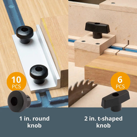 Close-up of 128 Piece T Track Knob Kit With 5/16-18 Threaded Bolts And Washers For DIY Woodworking Jigs showing knobs in use.