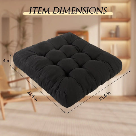 Thickened Floor Cushion For Meditation And Yoga Large 22x22 Inch Square Black Cozy Memory Sponge Pad With Nine Tufted Points To Prevent Deformation Relieves Hip And Leg Pressure Back Support Ideal For Tatami Living Room And Relaxation, black 21.6 in cushion