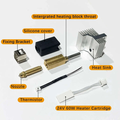 2 Pack 0.4mm Centauri Carbon Hotend Kit For Elegoo CC And CC2 3D Printer with brass nozzle, silicone cover, heat sink, and heater cartridge.