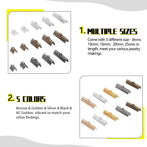 Various sizes and colors of ribbon end clips from the All In One DIY Jewelry Making Kit With 701 Pcs Ribbon End Clips And Pliers.