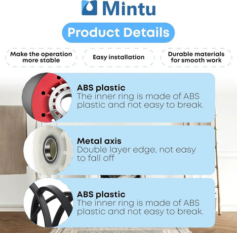 Complete Dryer Repair Kit Featuring Four Drum Support Rollers An Idler Pulley Assembly And Durable Belt To Quiet The Racket And Restore Buttery Smooth Operation For Your Laundry Gear - Product details highlighting ABS plastic and metal components.