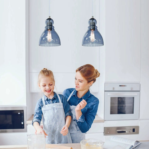 Blue Glass Pendant Lights For Kitchen Island, 6.5 Inch Handblown Glass Shades hanging above a kitchen with mother and daughter