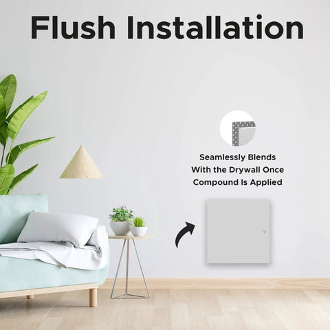 Top Tier 6X6 Flush Metal Access Panel With Bead Flange For Drywall Patch, No Sweat Install With Tough 20 Gauge Steel Door For Walls And Ceilings, Slick Concealed Hinges, Quick Cam Latch, Crisp White Finish framed against a living room wall showing flush installation.