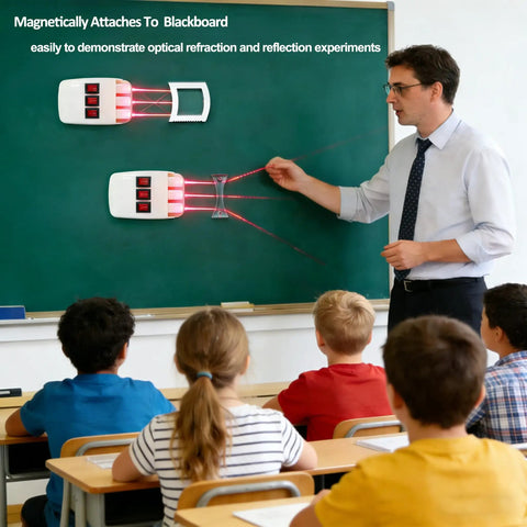 Teacher using Magnetic Optics Lab Kit for Classrooms With Easy-To-Use Triple Laser Source on blackboard in classroom.