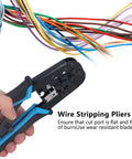 Ratcheting Crimping Tool Kit For Cat5 Ethernet With 8P And 6P Heads Easy Shear Blade Blue Black Finish with colored cables