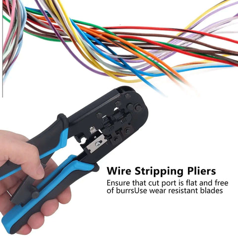 Ratcheting Crimping Tool Kit For Cat5 Ethernet With 8P And 6P Heads Easy Shear Blade Blue Black Finish with colored cables