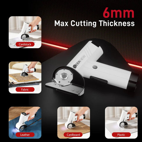 SEEKNEW Cordless Electric Scissors With LED Display, four speeds power box cutter cutting through fabric on a table.