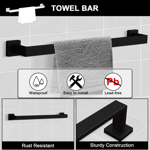 Matte Black 5 Piece Bathroom Hardware Set For Wall Mounting Includes Towel Bar Robe Hook Toilet Paper Holder In SUS304 Stainless Steel