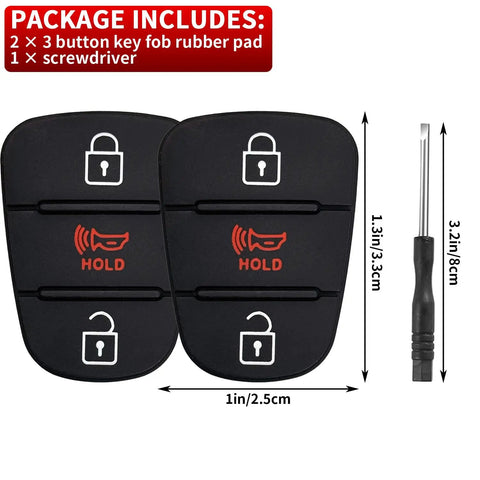 Two-pack fob button pad replacement kit for Kia Soul, Rio, Sportage models 2010-2014, includes 3-button rubber pads, flip key case, screwdriver
