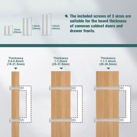 Diagram showing screw sizes and thickness compatibility for 10 Pack Solid Polished Chrome Cabinet Handles 5.4 Inch Overall Length With 5 Inch Hole Center Euro Style Square Bar Pulls For Dresser Cabinets Durable Zinc Alloy Hardware Premium Finish.