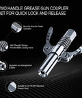 Two handle grease gun coupler with leakproof grease gun coupler 12000 PSI, featuring high strength springs and upgraded 6 claws for secure fit.