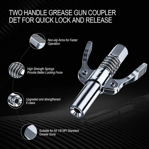 Two handle grease gun coupler with leakproof grease gun coupler 12000 PSI, featuring high strength springs and upgraded 6 claws for secure fit.