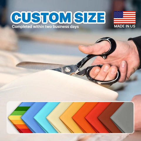 Person cutting fabric with scissors, showcasing custom size options and color swatches; labeled 'Made in US' with a US flag.