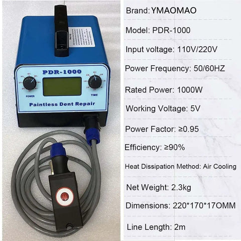 Pro Grade Paintless Dent Removal Kit With Digital Display for Fast Auto Dents Repair, showing YMAOMAO brand and PDR-1000 model.