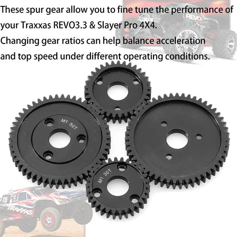 Hardened Steel Spur Gear Set Mod 1 1.0 Metric Pitch for RC Cars, showing 30T and 50T gears on white background.