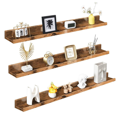 Three Piece Floating Wall Shelves Set With 47 Inch Long Ledges Raised Edge And Hidden Brackets Rustic Brown Dope Space Saver For Bathroom Kitchen Bedroom Office Living Room Decor And Display Storage, rustic wood shelves