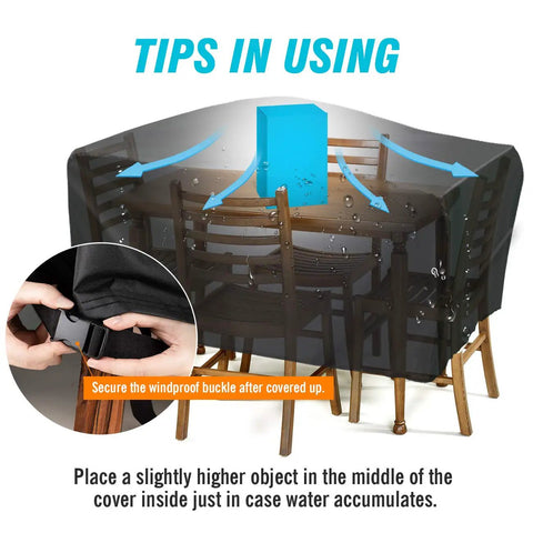 Tips for using Heavy Duty Waterproof All Weather Patio Furniture Cover for Rectangular Table Chair and Sofa Set 67x37x28 with windproof buckle