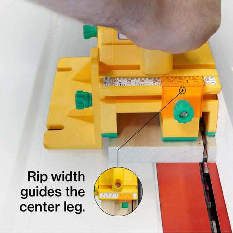GRR Ripper Safe Rip Upgrade Kit For Table Saw Safety adding orange cursor index and center leg guard on push block.
