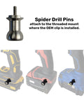 Drill Pin Holster Premium CNC Stainless Steel Side Mount Tool Holder in use on various drills