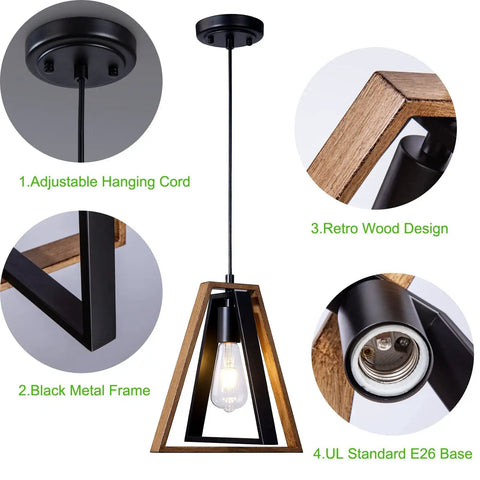 Farmhouse Pendant Light Kit Two Pack with Adjustable Hanging Lights for Kitchen Island Black and Wood Rustic Fixture