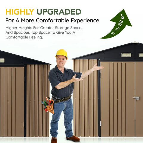 Man showcasing 10x12 Ft Outdoor Storage Shed With Skylight Roof Panels, Beefy Rust-Resistant Metal Garden Tool Shed in brown.