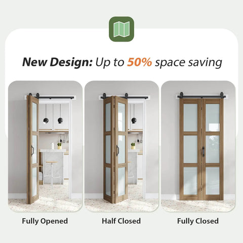 Double 18x84 Frosted Glass Bifold Barn Door Set With Hardware Kit Included, 36x84 brown sliding closet door fully opened, half-closed, and closed.