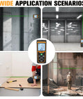 Heavy Duty Laser Distance Meter Featuring Slick Green Beams And Up To 262 Foot Range Rechargeable Battery with LCD in use on job site.