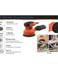 Pro Level Random Orbital Finisher Sander For Lightning Fast Wood And Metal Sanding With 230 Watt Motor and cushion grip handle, showing sander details.