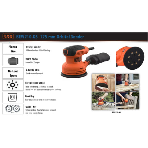 Pro Level Random Orbital Finisher Sander For Lightning Fast Wood And Metal Sanding With 230 Watt Motor and cushion grip handle, showing sander details.