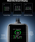 Badass Level Two EV Charger With Forty Amp J1772 Connector Slick WiFi App Control Smart display showing charging status and settings.