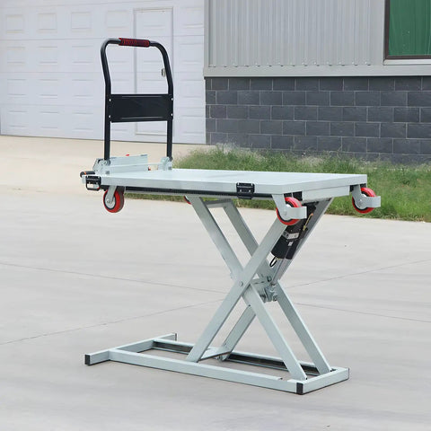 Heavy Duty Electric Scissor Lift Table, 660 Lbs Hydraulic Lifting Cart With Plug And Play Controls, foldable design, rolling wheels.