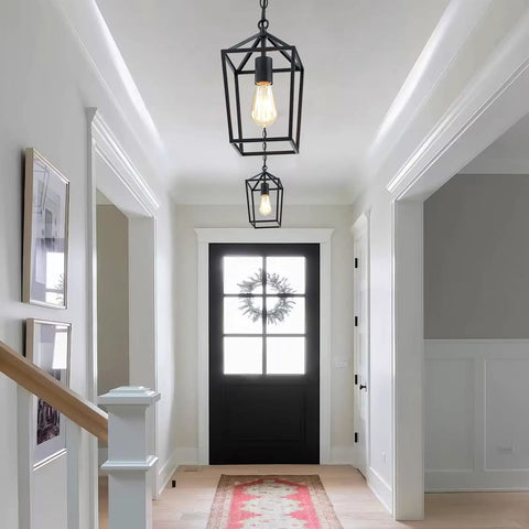 Totally Fresh 2 Pack Pendant Lights For Kitchen Island Featuring Modern Black Farmhouse Lantern Design in entryway with stair railing.