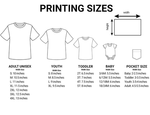 Custom DTF Transfers Ready To Press For T Shirts And Hoodies Personalized Iron On Prints And Decals size chart illustration