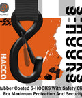 Close-up of rubber coated S-hook attached to heavy duty ratchet strap for cargo securing.