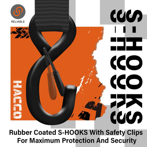Close-up of rubber coated S-hook attached to heavy duty ratchet strap for cargo securing.