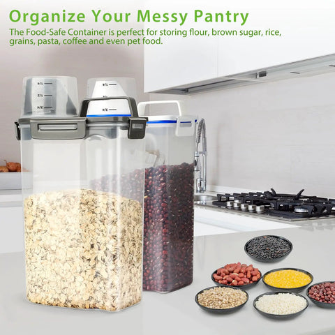 Airtight Dry Food Storage Container With Measuring Cup Clear BPA Free Pantry Organizer for rice flour and cereal, 3-5 lb capacity