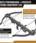 Illustration of crossbow with text detailing benefits of Crossbow Maintenance Kit With Rail Lube And Oil, Precision Applicator Included.