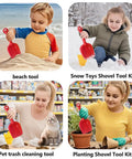 Eight Pack Heavy Duty Plastic Beach Shovels For Kids And Toddlers used for beach, snow play, pet cleaning, and planting.