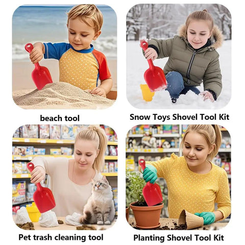 Eight Pack Heavy Duty Plastic Beach Shovels For Kids And Toddlers used for beach, snow play, pet cleaning, and planting.