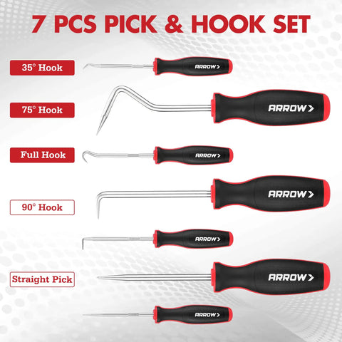 7 Piece Hook And Pick Set With Long And Mini Precision Picks 4 Small Hooks And 3 Large Hooks Carbon Steel Tools Includes Grab And Go Storage Bag For Easy Transport And Quick Access. assorted hook and pick tools with 35°, 75°, 90°, full hook, and straight pick