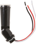 Black outdoor conduit lighting control with photocell sensor, dusk to dawn auto operation, swivel mount base, three exposed wires.