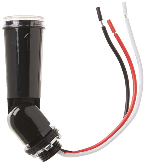 Black outdoor conduit lighting control with photocell sensor, dusk to dawn auto operation, swivel mount base, three exposed wires.