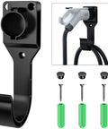 Sturdy Wall Mount EV Charger Holder For SAE J1772 Cables With Locking Hook And Snug Dust Covers, black plastic with screws.