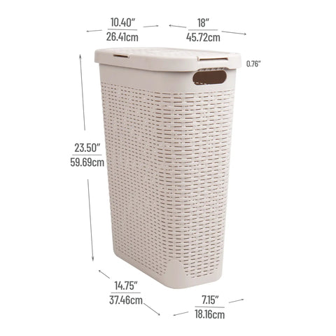 Slim Laundry Hamper With Lid, 40L Capacity Clothes Basket, Narrow Tapered Design For Tight Spaces in ivory with dimensions